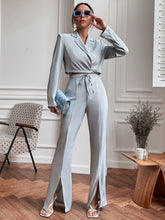 Charger l&#39;image dans la galerie, Love God. Store Women Suit Sets Dusty Blue / XS Lapel Neck Crop Blazer Split Hem Flare Leg Pants price
