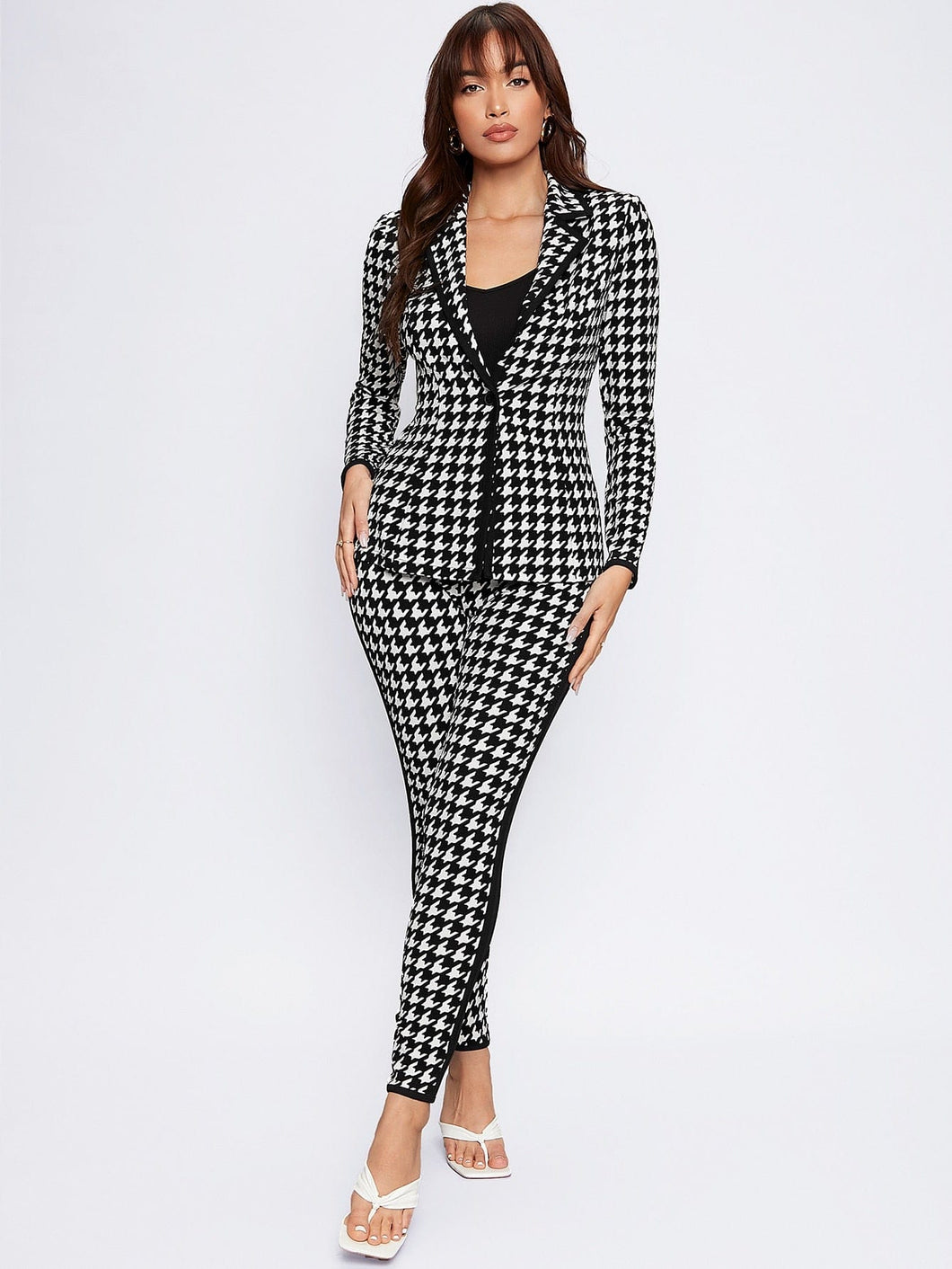 Love God. Store Women Suit Sets Houndstooth Print Blazer Pants Suit Set price