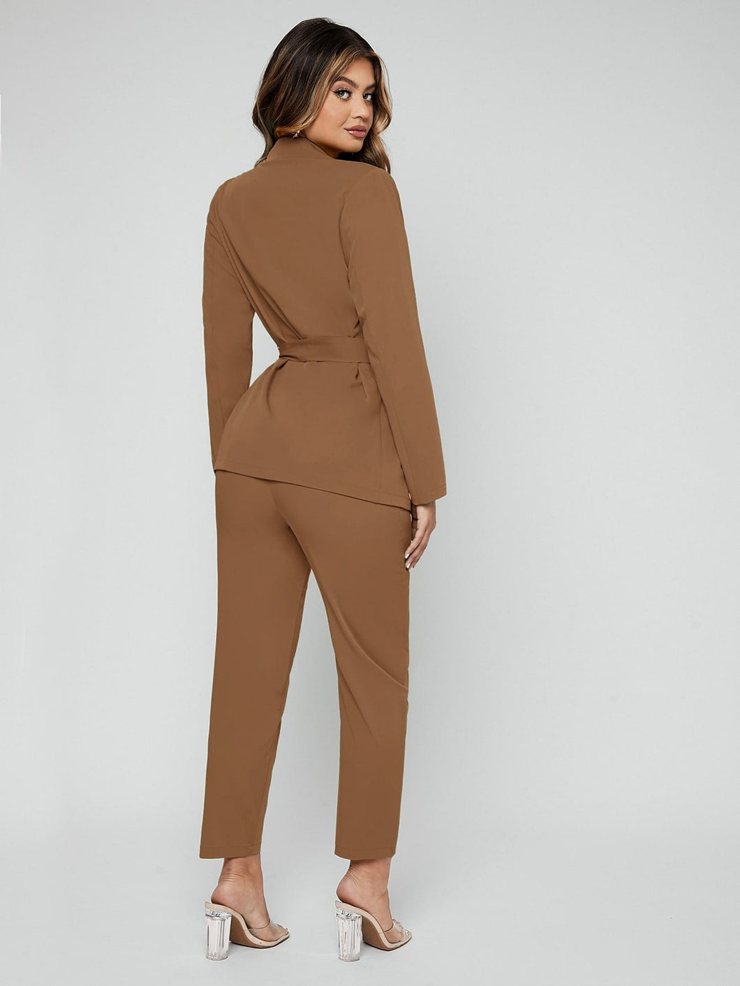 Love God. Store Women Suit Sets Khaki / XS SXY Belted Open Front Blazer Carrot Pants price