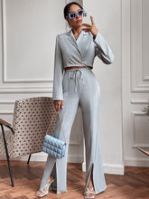 Charger l&#39;image dans la galerie, Love God. Store Women Suit Sets Lapel Neck Crop Blazer Split Hem Flare Leg Pants price
