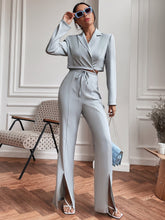 Charger l&#39;image dans la galerie, Love God. Store Women Suit Sets Lapel Neck Crop Blazer Split Hem Flare Leg Pants price
