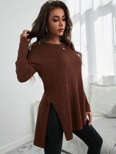 Lade das Bild in den Galerie-Viewer, Love God. Store Women Sweaters Coffee Brown / XS Solid Ribbed Knit Split Hem Sweater price
