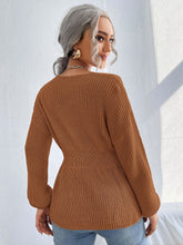 Lade das Bild in den Galerie-Viewer, Love God. Store Women Sweaters Notched Neck Bishop Sleeve Ribbed Knit Sweater price
