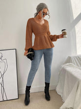 Lade das Bild in den Galerie-Viewer, Love God. Store Women Sweaters Notched Neck Bishop Sleeve Ribbed Knit Sweater price
