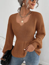 Lade das Bild in den Galerie-Viewer, Love God. Store Women Sweaters Rust Brown / S Notched Neck Bishop Sleeve Ribbed Knit Sweater price
