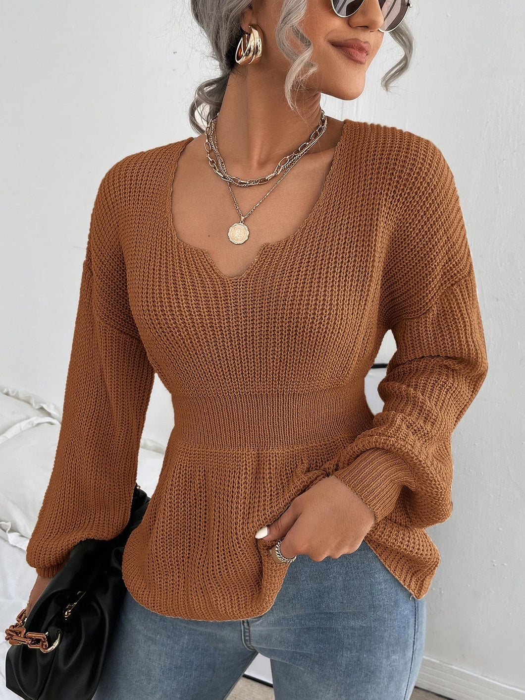 Love God. Store Women Sweaters Rust Brown / S Notched Neck Bishop Sleeve Ribbed Knit Sweater price