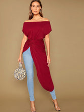 Charger l&#39;image dans la galerie, Love God. Store Women T-Shirts Burgundy / XS Twist Front Asymmetrical Hem Bardot Top price
