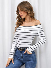 Charger l&#39;image dans la galerie, Love God. Store Women T-Shirts Striped Print Off Shoulder Tee price
