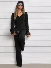 Lade das Bild in den Galerie-Viewer, Love God. Store Women Two-piece Outfits Black / XS Ribbed Knit V Neck Top Pants price
