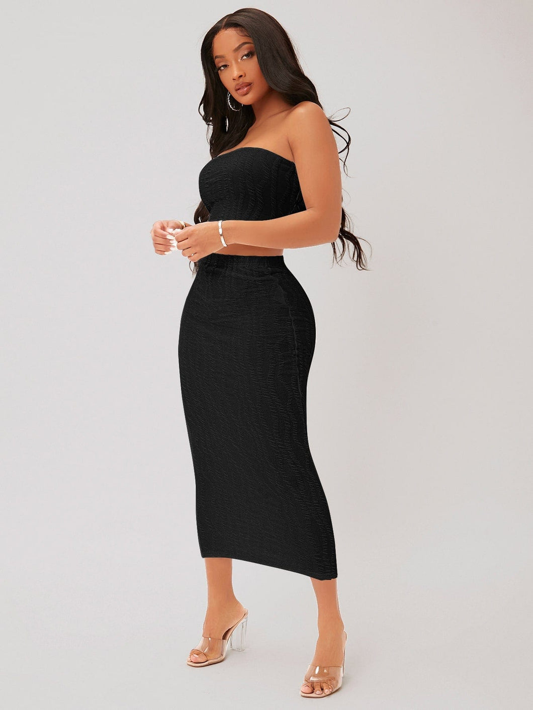 Love God. Store Women Two-piece Outfits Black / XS SXY Textured Crop Tube Top Pencil Skirt Set price