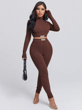 Lade das Bild in den Galerie-Viewer, Love God. Store Women Two-piece Outfits Coffee Brown / XS SXY Mock Neck Slogan Graphic Crop Top Leggings Set price
