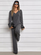 Lade das Bild in den Galerie-Viewer, Love God. Store Women Two-piece Outfits Dark Grey / XS Ribbed Knit V Neck Top Pants price
