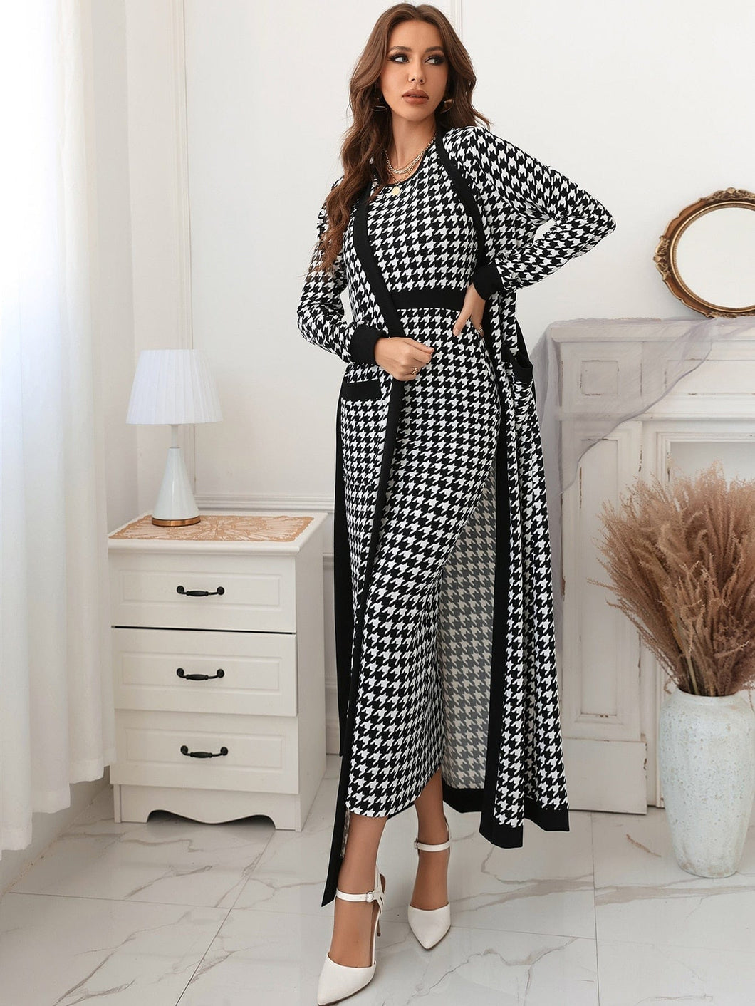 Love God. Store Women Two-piece Outfits Houndstooth Slit Back Bodycon Dress Patched Pocket Belted Coat price