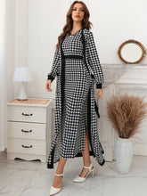 Lade das Bild in den Galerie-Viewer, Love God. Store Women Two-piece Outfits Houndstooth Slit Back Bodycon Dress Patched Pocket Belted Coat price
