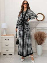 Lade das Bild in den Galerie-Viewer, Love God. Store Women Two-piece Outfits Houndstooth Slit Back Bodycon Dress Patched Pocket Belted Coat price
