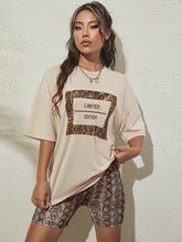 Lade das Bild in den Galerie-Viewer, Love God. Store Women Two-piece Outfits Letter Snakeskin Print Drop Shoulder Tee Biker Shorts price
