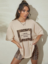 Lade das Bild in den Galerie-Viewer, Love God. Store Women Two-piece Outfits Letter Snakeskin Print Drop Shoulder Tee Biker Shorts price
