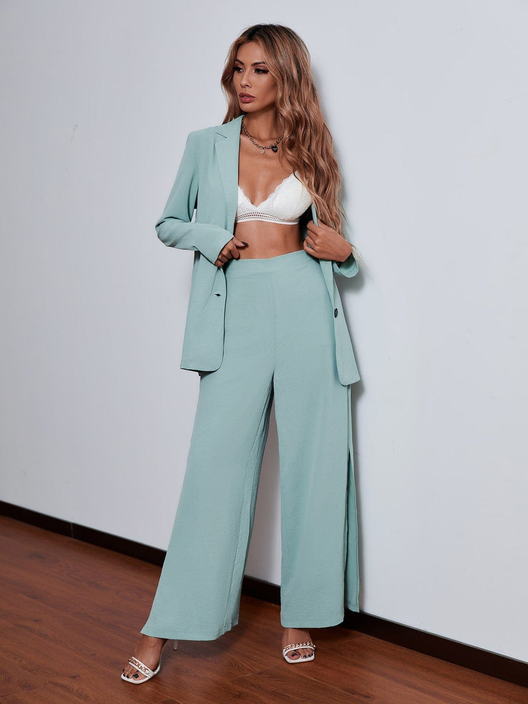 Love God. Store Women Two-piece Outfits Mint Green / S Lapel Collar Button Through Blouse Split Pants price