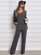 Lade das Bild in den Galerie-Viewer, Love God. Store Women Two-piece Outfits Ribbed Knit V Neck Top Pants price
