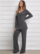 Lade das Bild in den Galerie-Viewer, Love God. Store Women Two-piece Outfits Ribbed Knit V Neck Top Pants price
